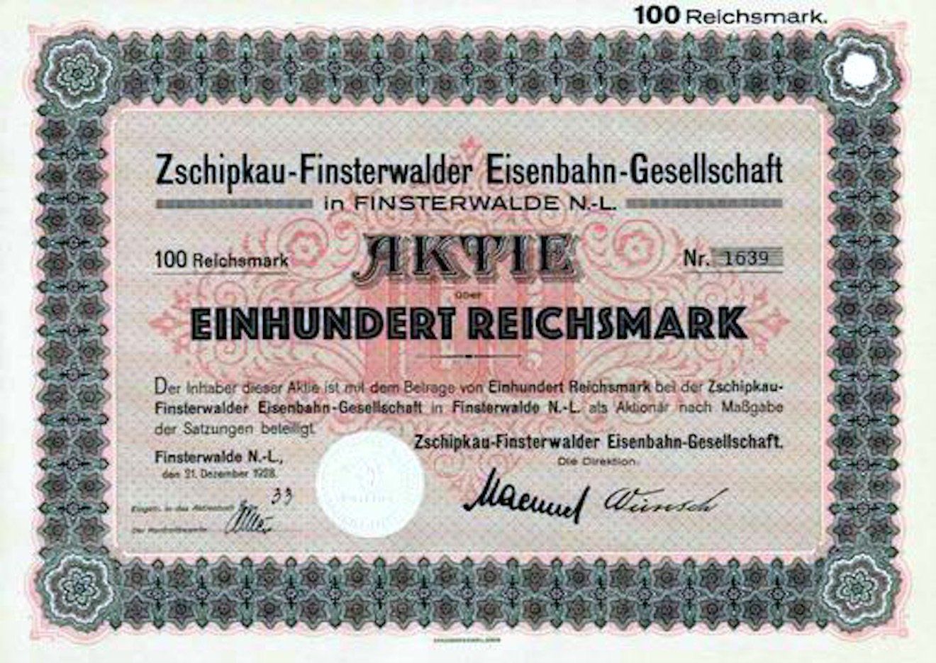Documenti: Zschipkau-Finsterwalder Eisenbahn-Gesellschaft - 1928 – Usato da Solothurn venduto da Sgasche