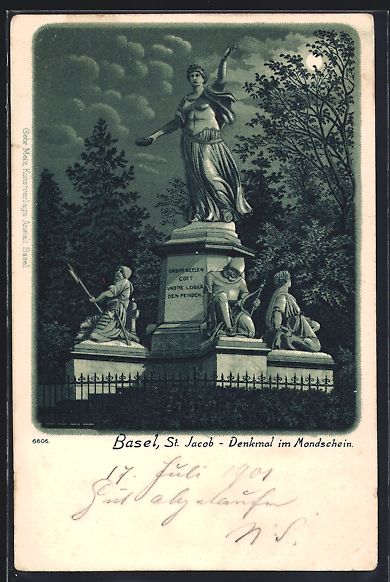 Cartoline postali: Litho Basel, St. Jacob-Denkmal im Mondsc – Usato da Berlin venduto da bartko-reher