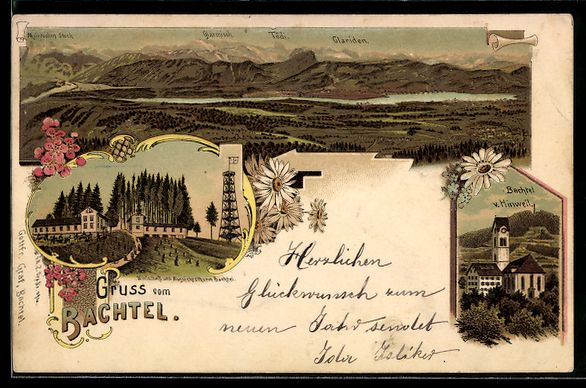 Cartes postales: Litho Bachtel, Kirche, Gasthaus, Landsch – D'occasion à Berlin par bartko-reher