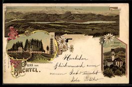Litho Bachtel, Kirche, Gasthaus, Landsch