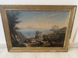 Huile sur toile ancienne - Vue côtière napolitaine XIXe