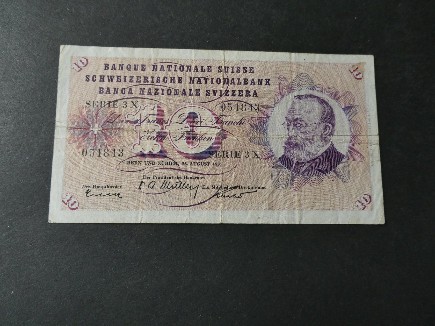Banknoten: Schweiz 1955, 10 Franken – Gebraucht aus Hinterforst von Rohusri