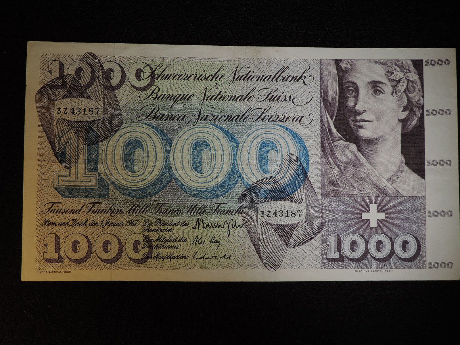 1000 CHF Note vom 01.01.1967, Schweizer Nationalbank (Gebraucht) in ...