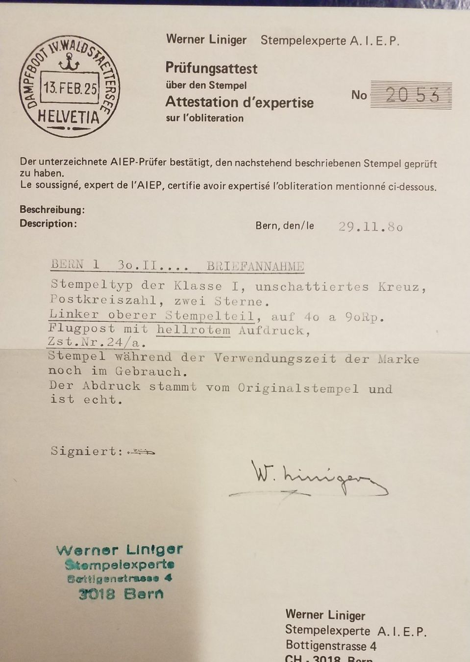 Tutti i francobolli: 3592) F24a, Flugpostmarke Eckstempel mit Attest Kt. 800.- – Nuovo (secondo la descrizione) da Baden venduto da Eggi 1