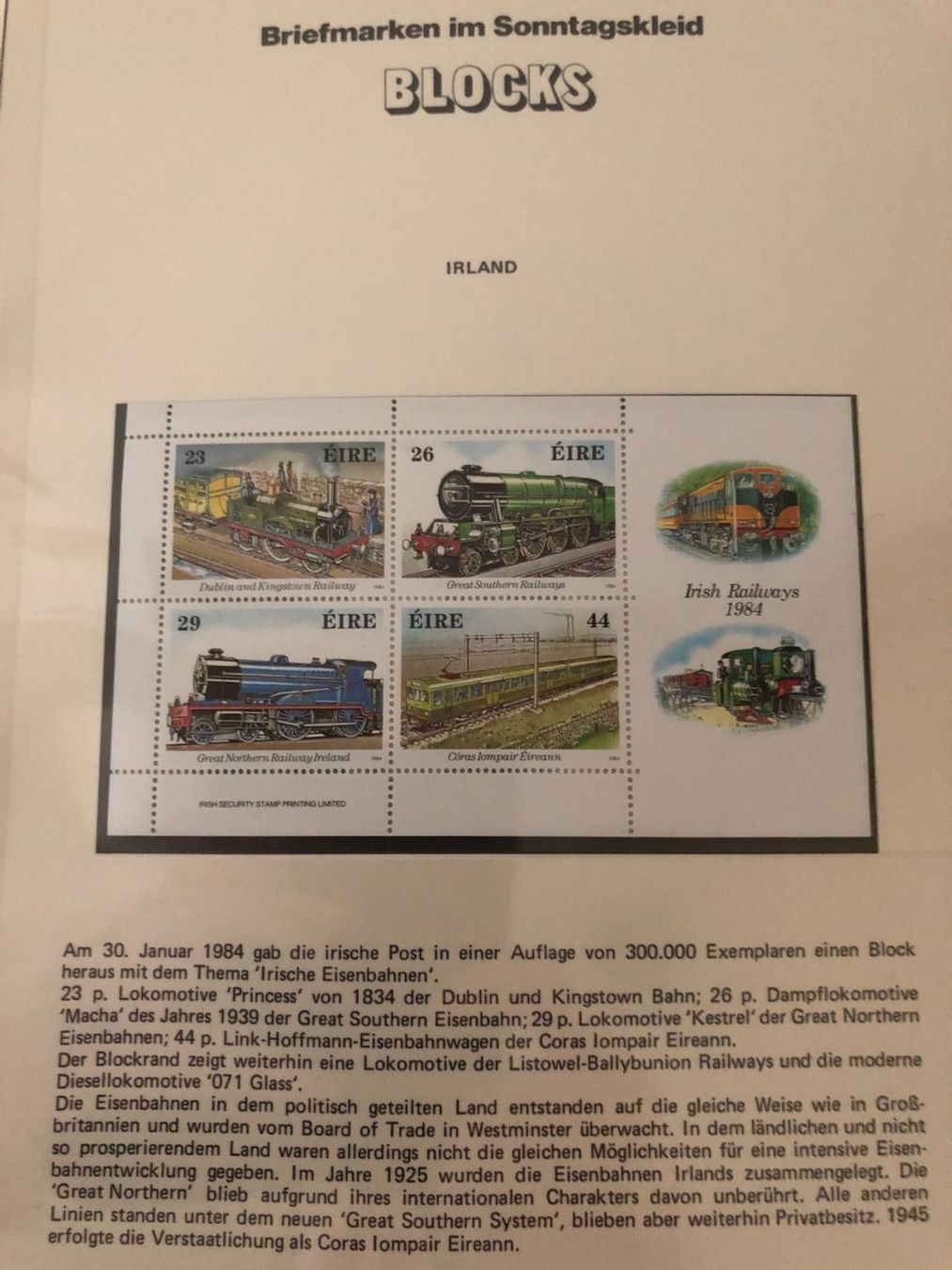 Tutti i francobolli: Block Irland 1984, Irische Eisenbahnen, Postfrisch – Nuovo e nell'imballaggio originale da Landquart venduto da interesse63 1