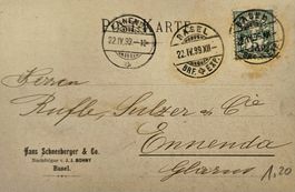 alte Postkarte 22.IV.1899 mit Firmenlogo