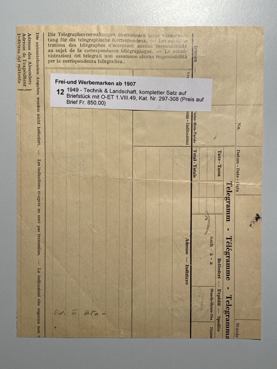 Tutti i francobolli: Landschaft und Technik 1949, komp. Satz, gest. Oberägeri Zug – Usato da Küssnacht a. Rigi venduto da Unique-Valuable 1