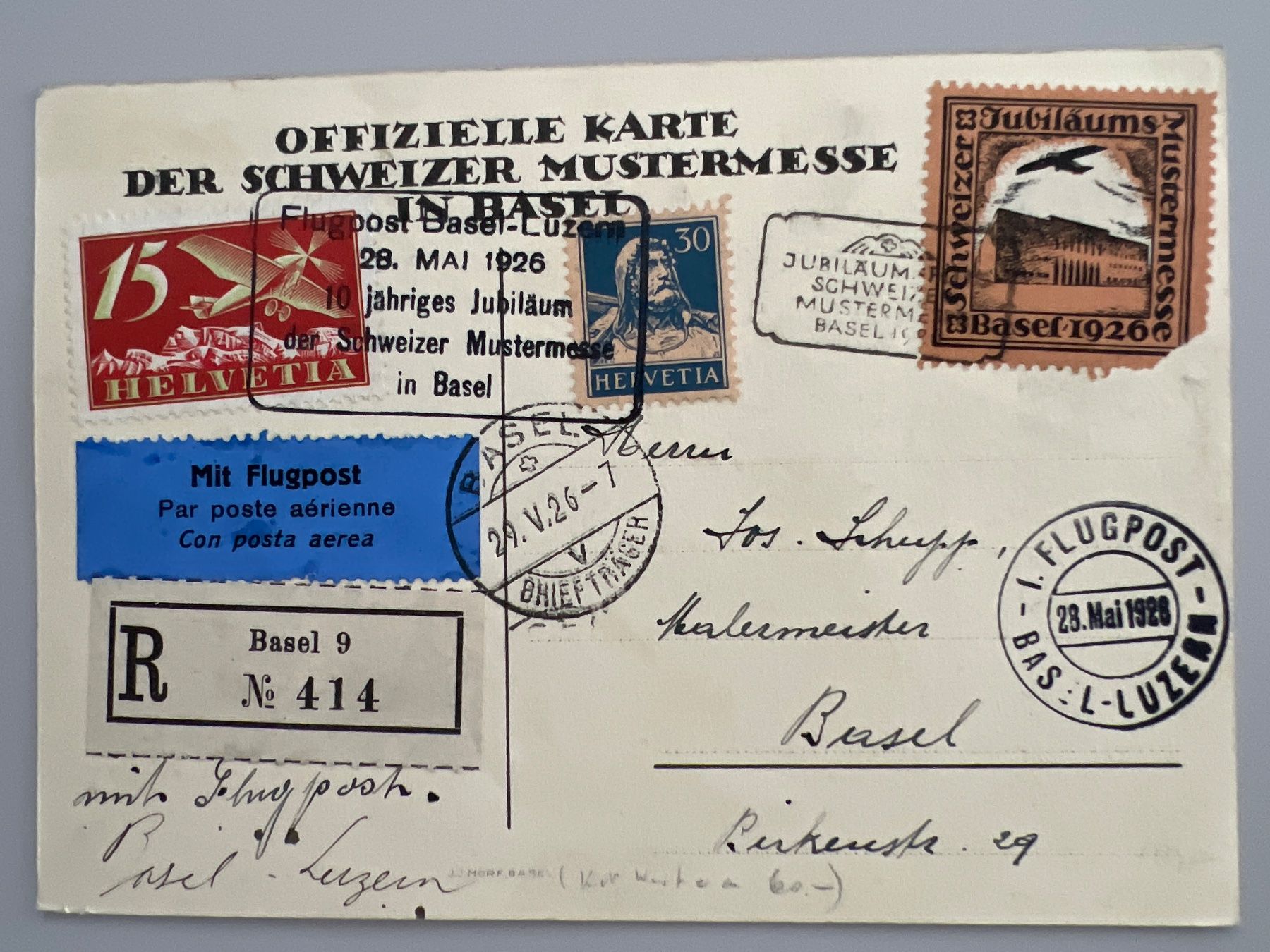 Tutti i francobolli: 1926 Mustermesse Basel Flugpost Karte mit Vignette def. – Usato da Buchrain venduto da wmm