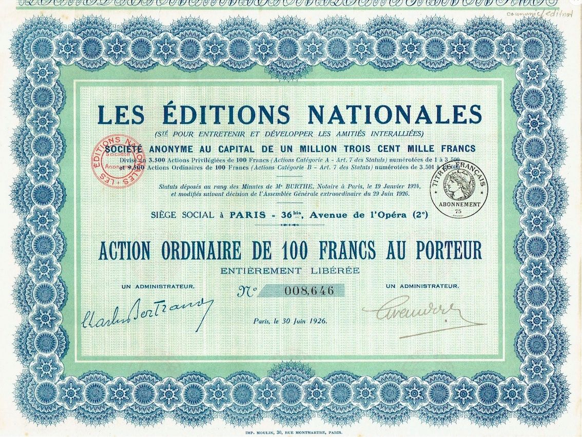 Dokumente: Les Editions Nationales SA, Paris - 1926 – Gebraucht aus Solothurn von Sgasche
