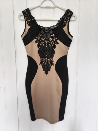 Miusol Elegantes Spitzenkleid Schwarz Beige Gr. S
