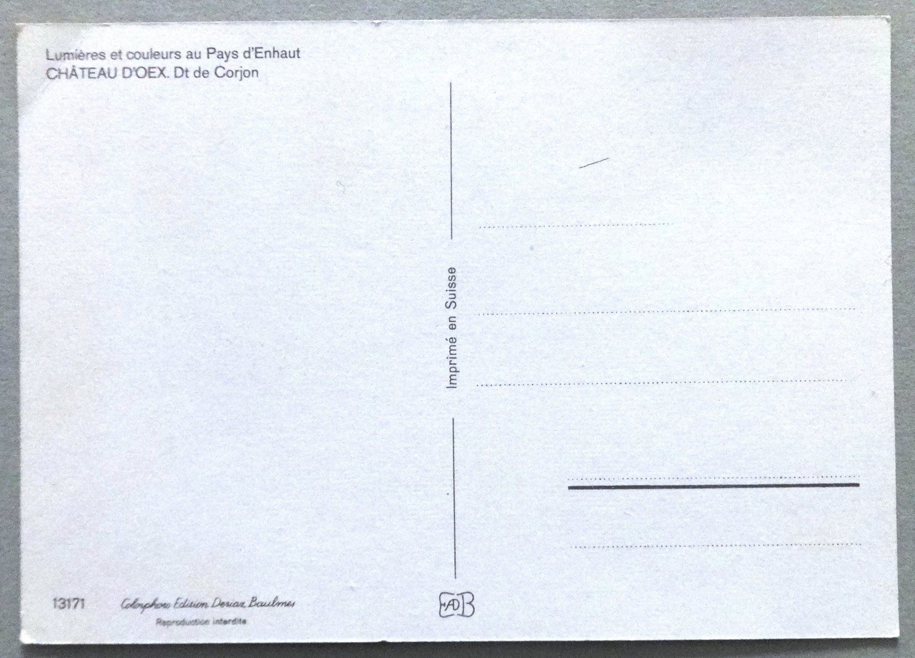 Cartoline postali: Château d' Oex et Dt de Corjon – Difettoso da Fétigny venduto da Billy2miny 1