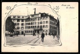 AK St. Gallen, Union, Straßenpartie mit Gleisen und Passante