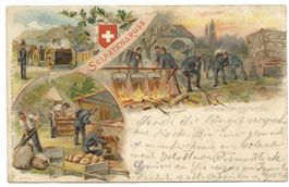 CH-Militär - Soldatengruss - Feldküche - Bäckerei - Litho