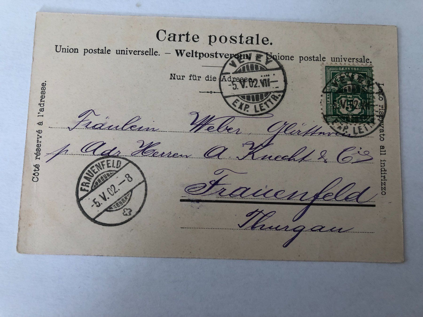 Ansichtskarten: Ansichtskarte Vevey Quartier de la gare 1902 – Gebraucht aus Pfäffikon ZH von Waltoversand 1