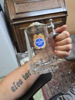 Bierkrug Halden Gut Zinndeckel Glas 0.5l (D1)