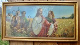 Heiligenbild 86 x 44 cm, unter Glas, staubig,