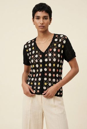 Vintage Gilet Crochet Noir Floral T. S