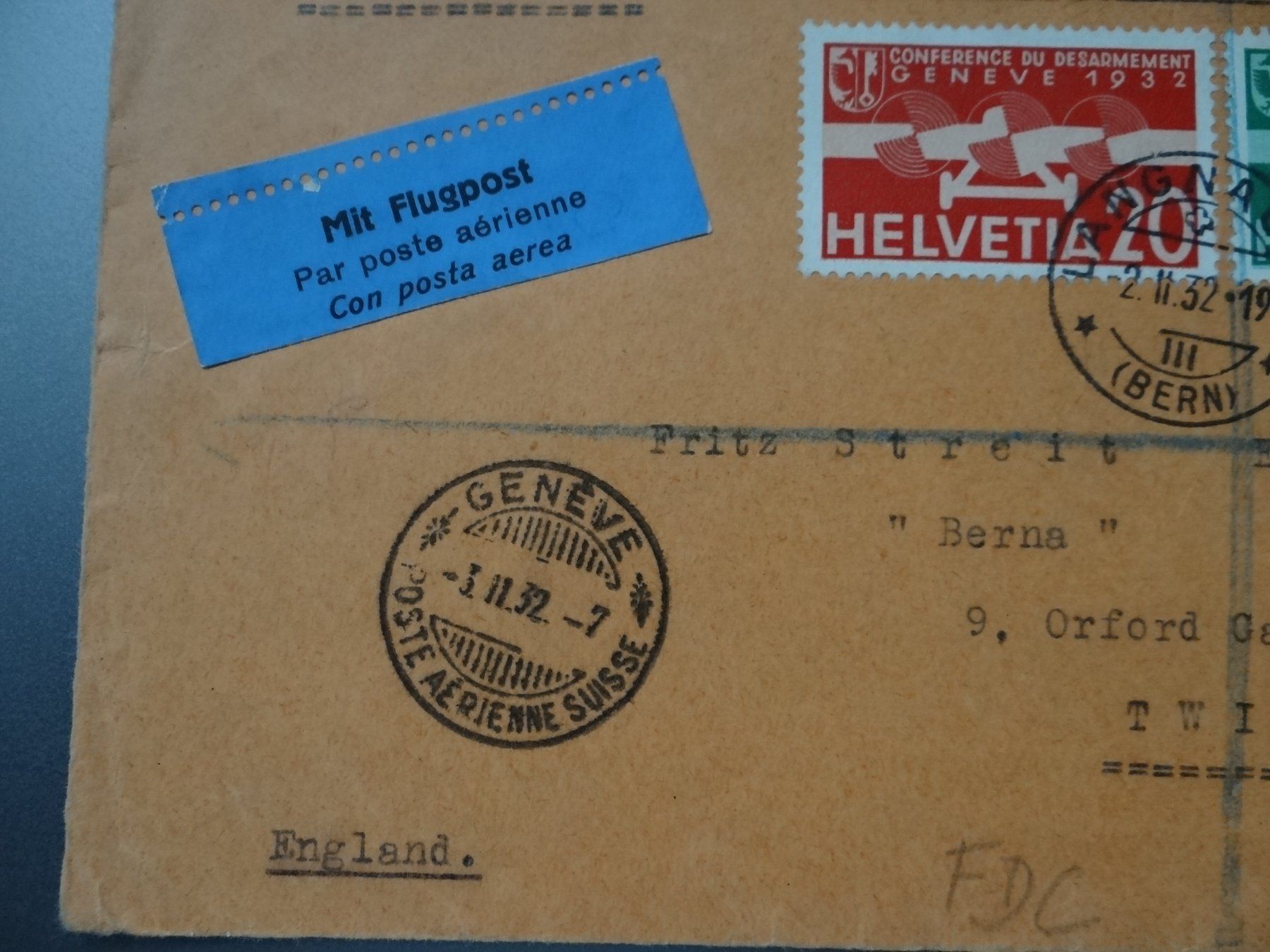 Tutti i francobolli: Flugpost FDC 2.2.1932 Briefvorderseite nach England – Usato da Kriens venduto da Na4 4