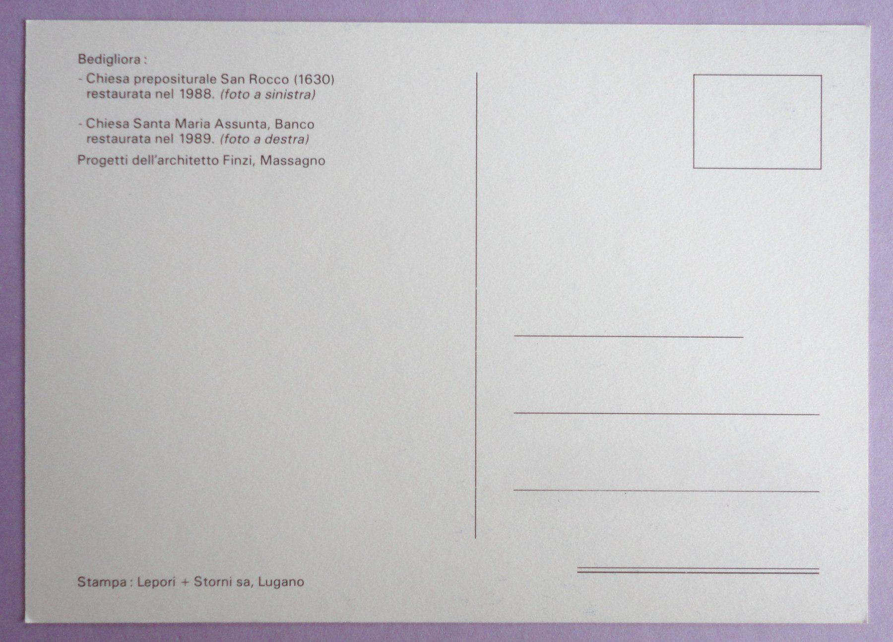 Cartes postales: Bedigliora, Chiesa prep. San Roccco – D'occasion à Fétigny par Billy2miny 1