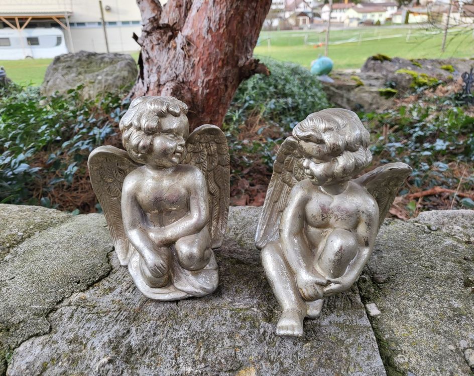 Wetterfeste Grabengel Figuren Set – Sitzende Engel Aus Kunststein, Grau, 9x13 Cm & 6x10 Cm | Für Grabdekoration & Als Trauergeschenk