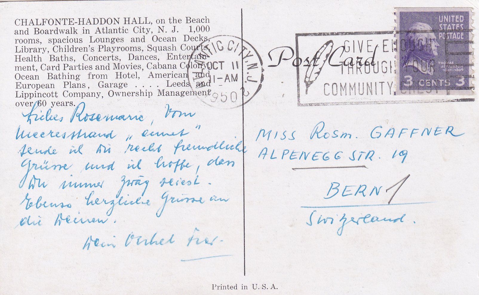 Cartoline postali: Atlantic City - Chalfonte-Haddon Hall /mp – Usato da Hombrechtikon venduto da Rudolf07 1