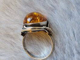 Top luxuriöser Sterling Silber Bernstein Ring, Grösse 51