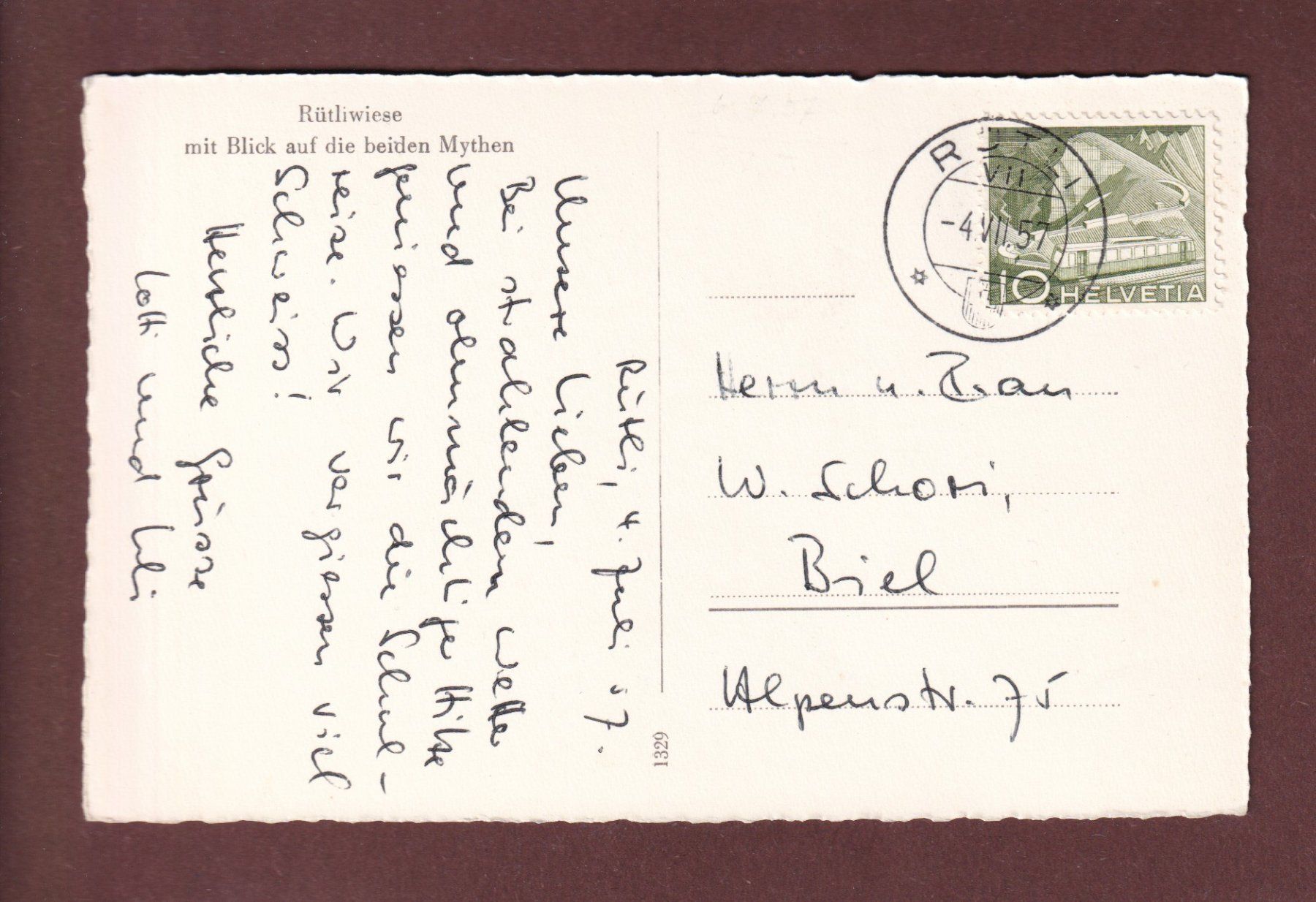 Cartoline postali: RÜTLI - Mythen - 1957 – Usato da Pully venduto da nicecards-shop 1
