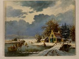 Winterlandschaftsgemälde signiert Kutsche, Personen auf Eis