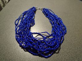 Kette blau/goldfarbig mini Perlen, mehrere Stränge