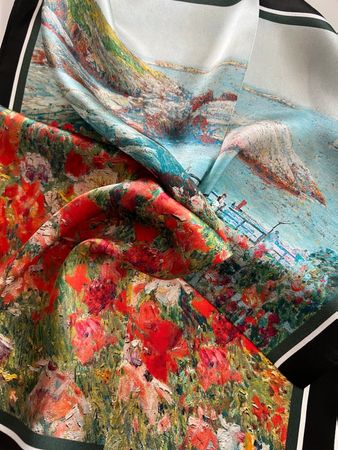 New 53cm 100% Silk Scarf, Halstuch, Flowers Lake Landscape