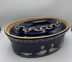 Keramik Bräter oval blau mit Enten Motiv