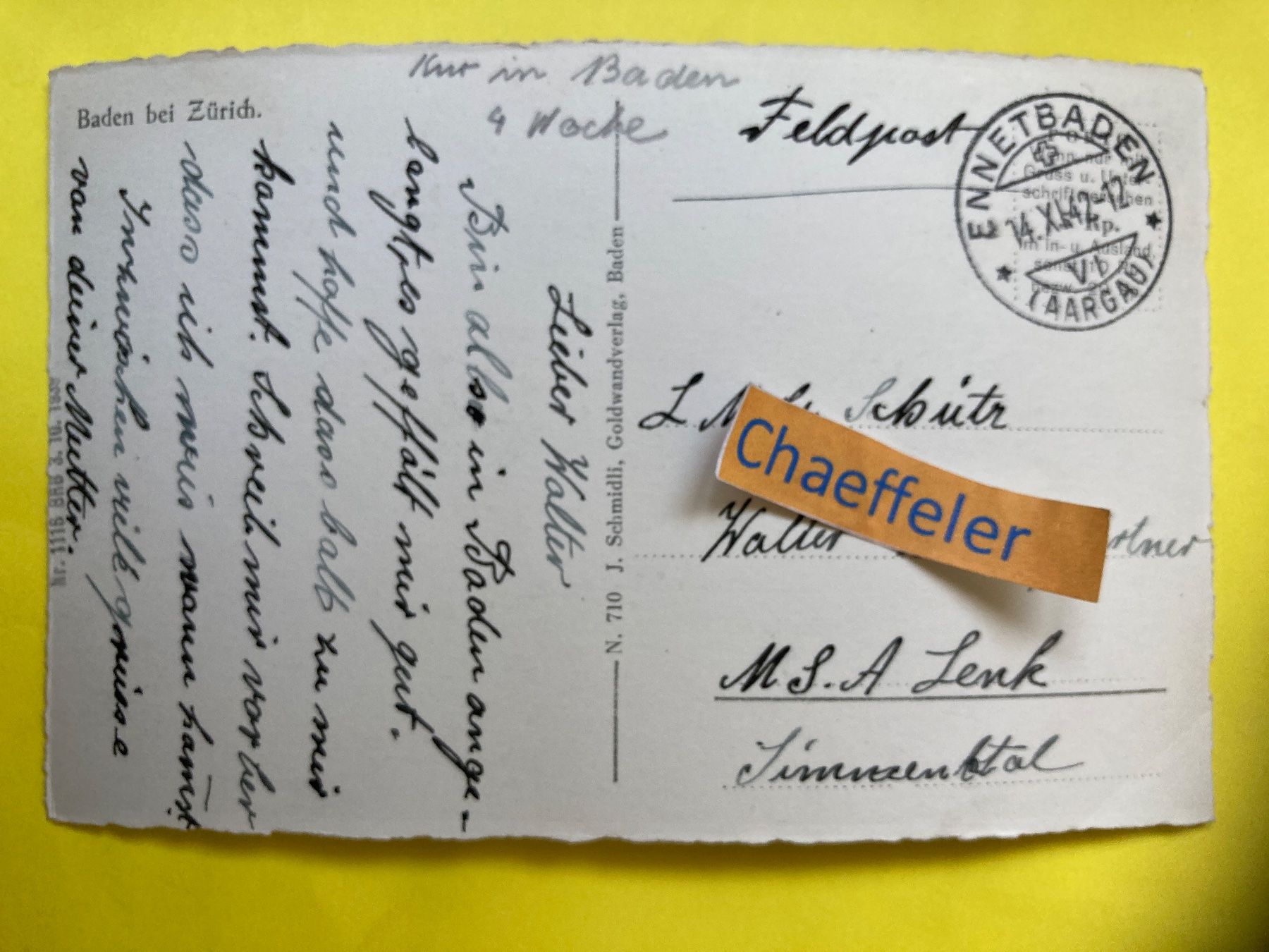 Cartoline postali: 1942 Baden bei Zürich. Feldpost – Usato da Zürich venduto da Chaeffeler 1