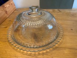 Große Glas Tortenplatte mit Haube Glashaube, France