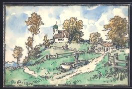 Handgemalt sign. Carl O. Arends: Kirche 