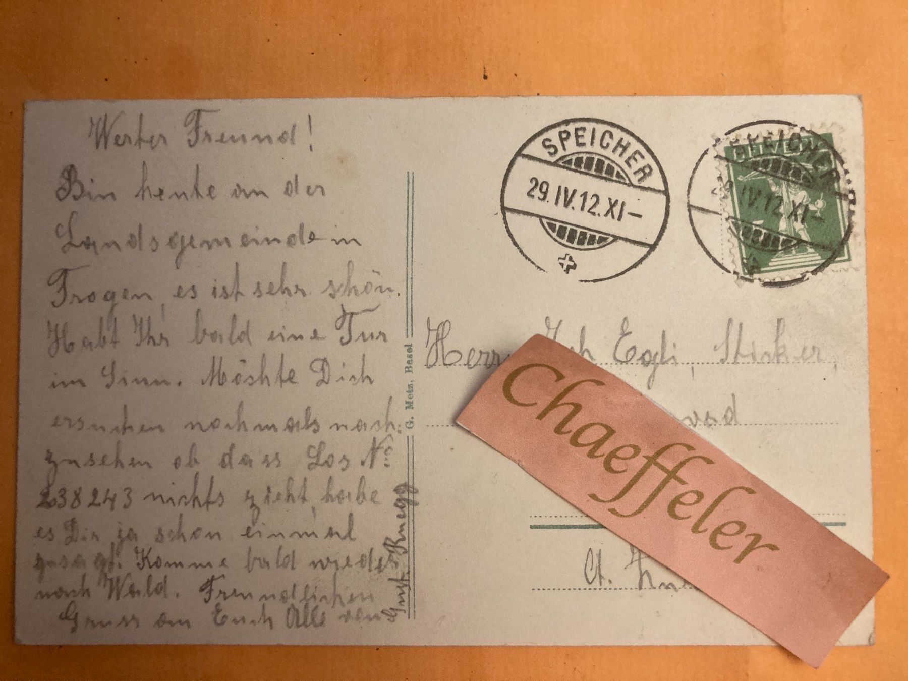 Cartes postales: 1912 Speicher – D'occasion à Zürich par Chaeffeler 1