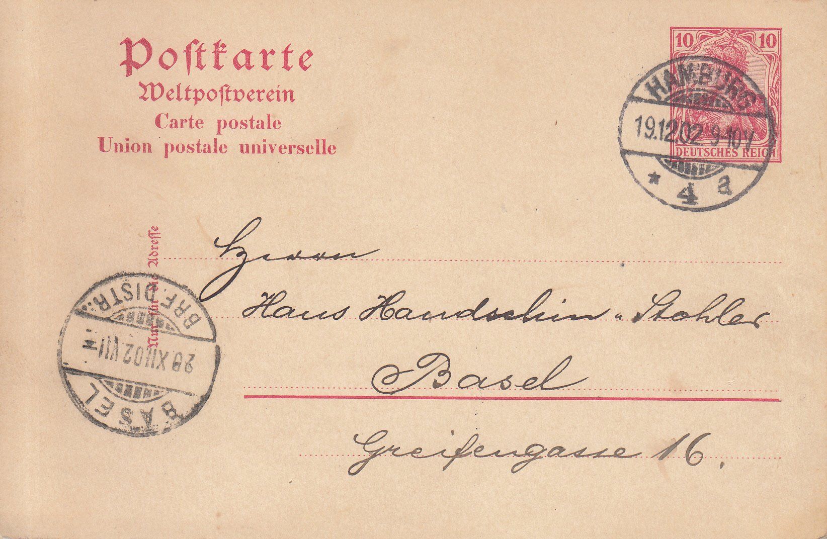 Alle Briefmarken: DR Postkarte Hamburg - Basel 1902 – Gebraucht aus Bürglen TG von StampGraf