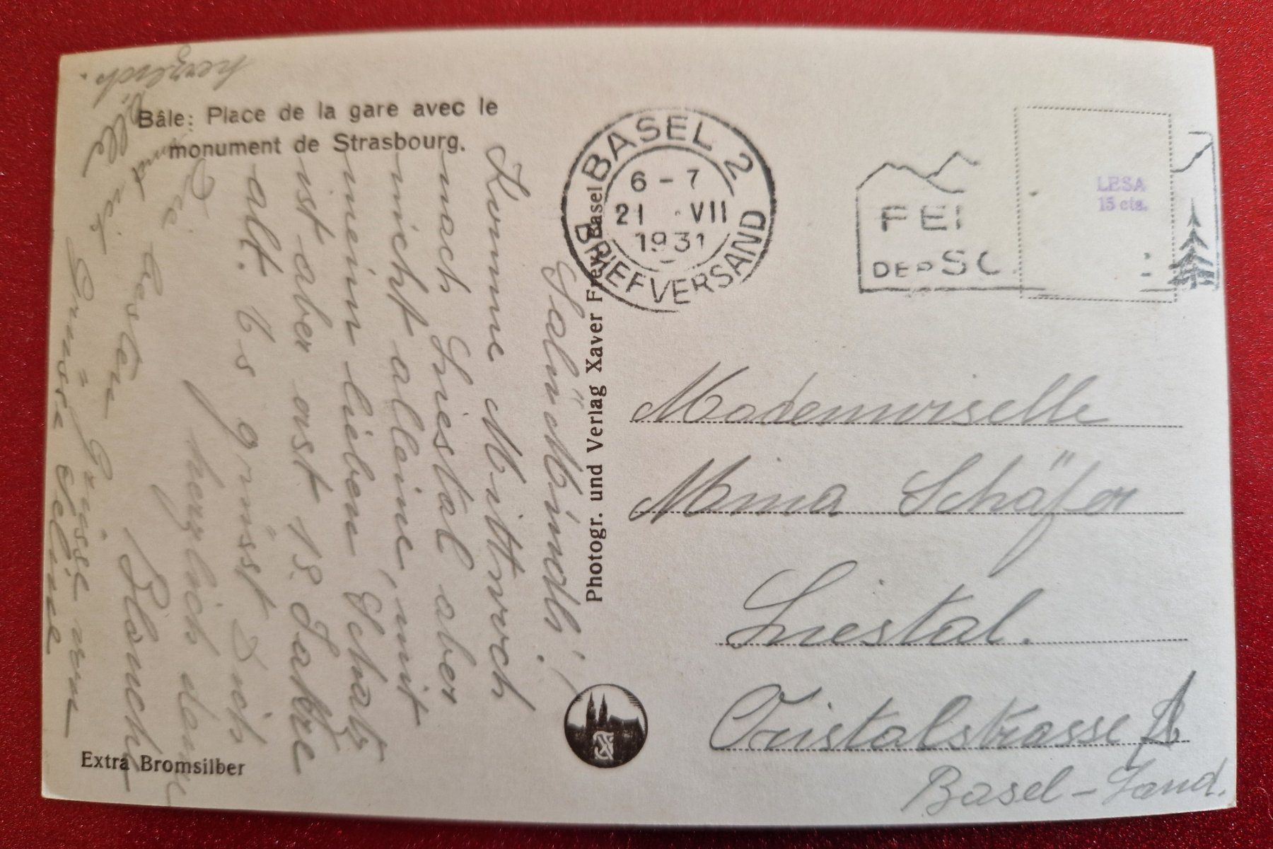 Cartoline postali: Basel Bahnhofplatz, Strassburgerdenkmal 1931 Oldtimer – Usato da Melchnau venduto da Fishel 1