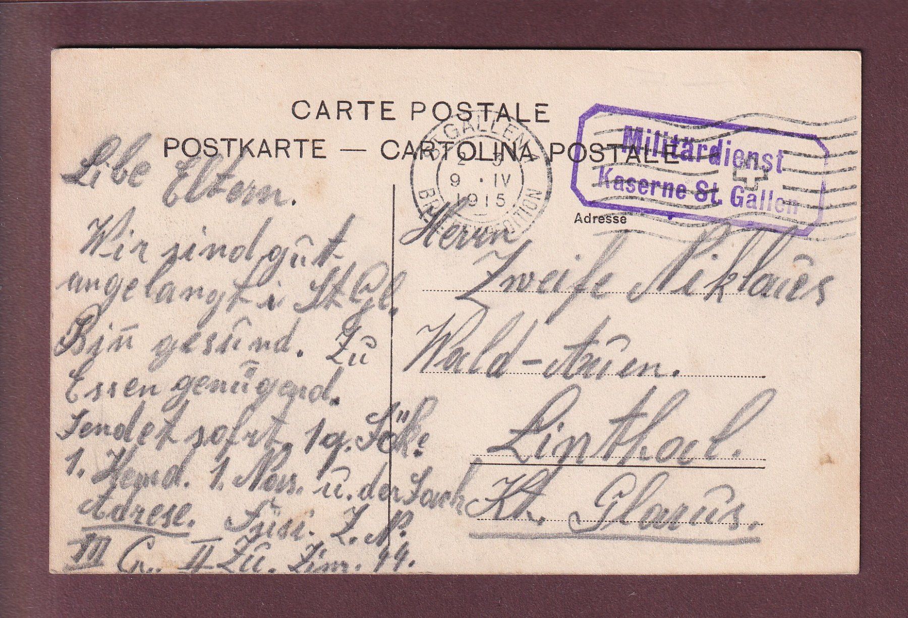 Cartoline postali: ST. GALLEN - Kantine - 1915 Feldpost – Usato da Pully venduto da nicecards 1