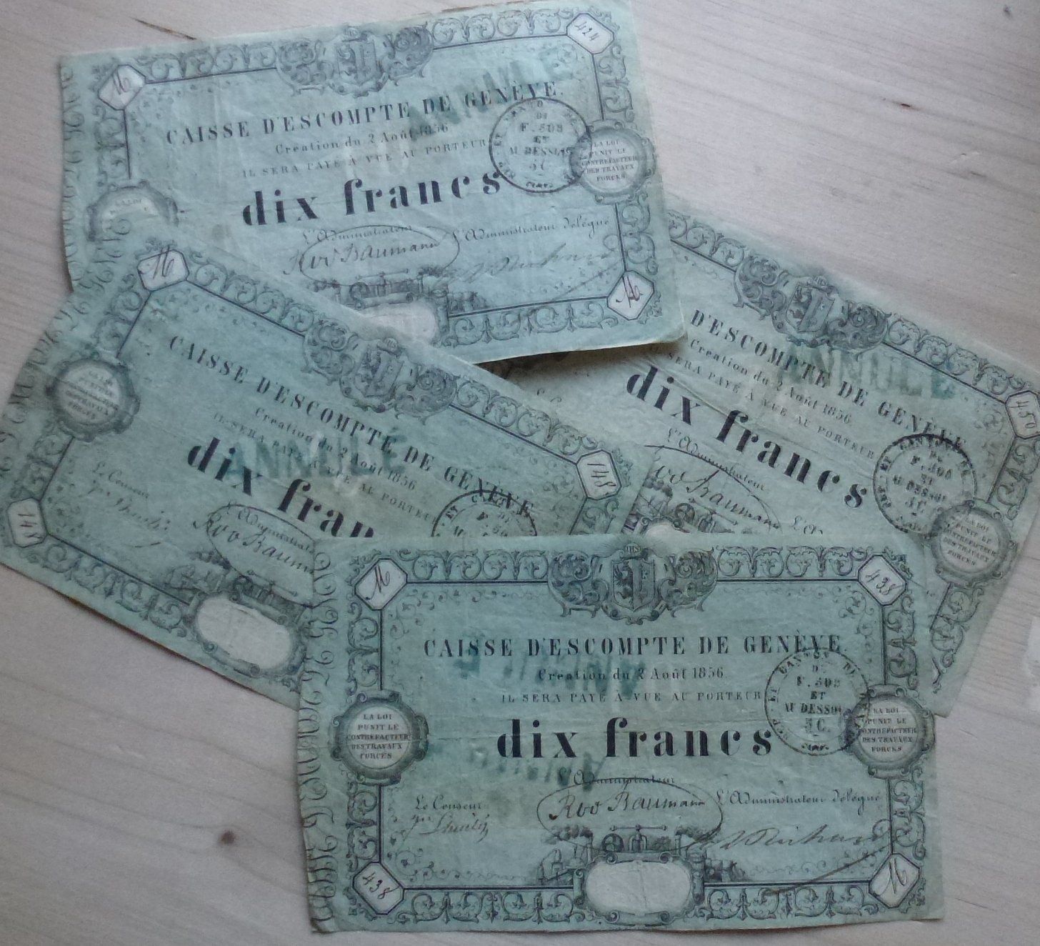 Banconote: Geneve ++ Lot 4x 10 Franken 1856 – Usato da Walkringen venduto da Casablanca777 9