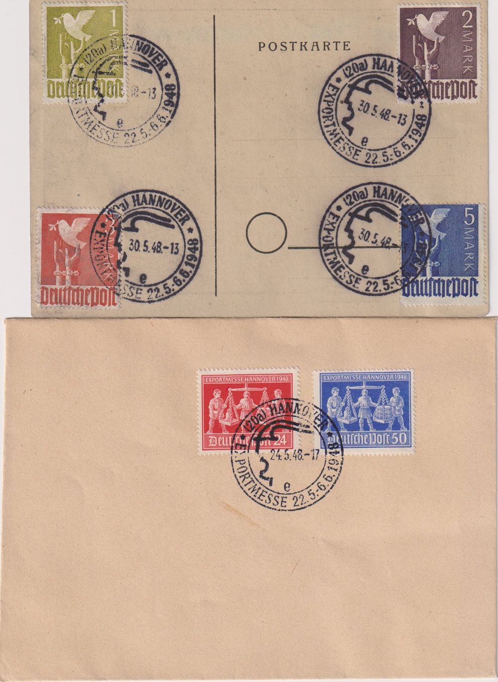 Tutti i francobolli: Couvert + Postkarte Exportmesse Hannover 1948 hohe Werte – Usato da Eschlikon TG venduto da PhilCon