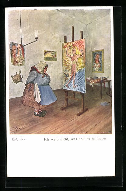 Cartes postales: Rud. Pick: Dicke Putzfrau am Gemälde de – D'occasion à Berlin par bartko-reher