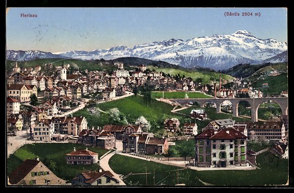 Cartoline postali: AK Herisau, Ortsansicht mit Säntis – Usato da Berlin venduto da bartko-reher