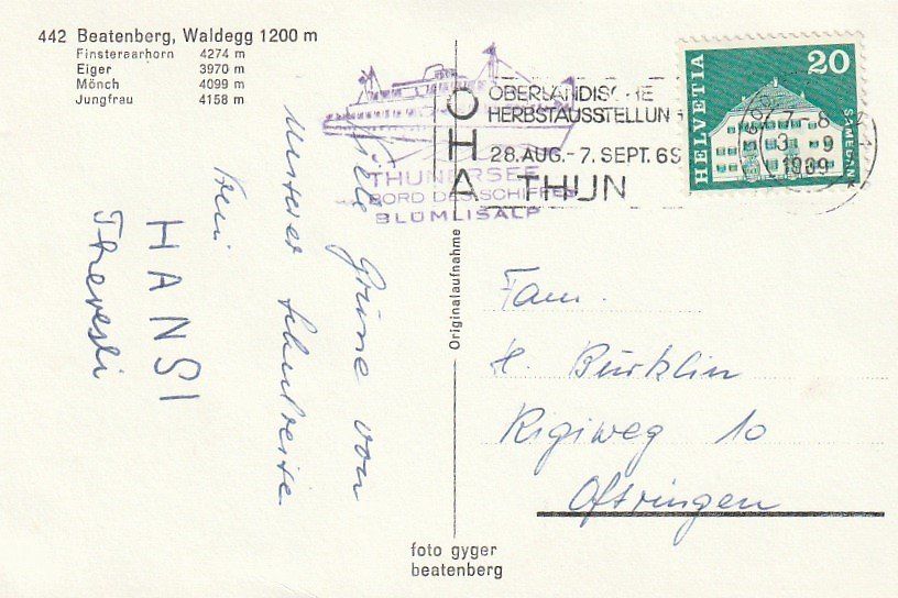 Cartoline postali: Beatenberg, Waldegg mit Eiger, Mönch, Jungfrau – Usato da Aarburg venduto da Aare10 1
