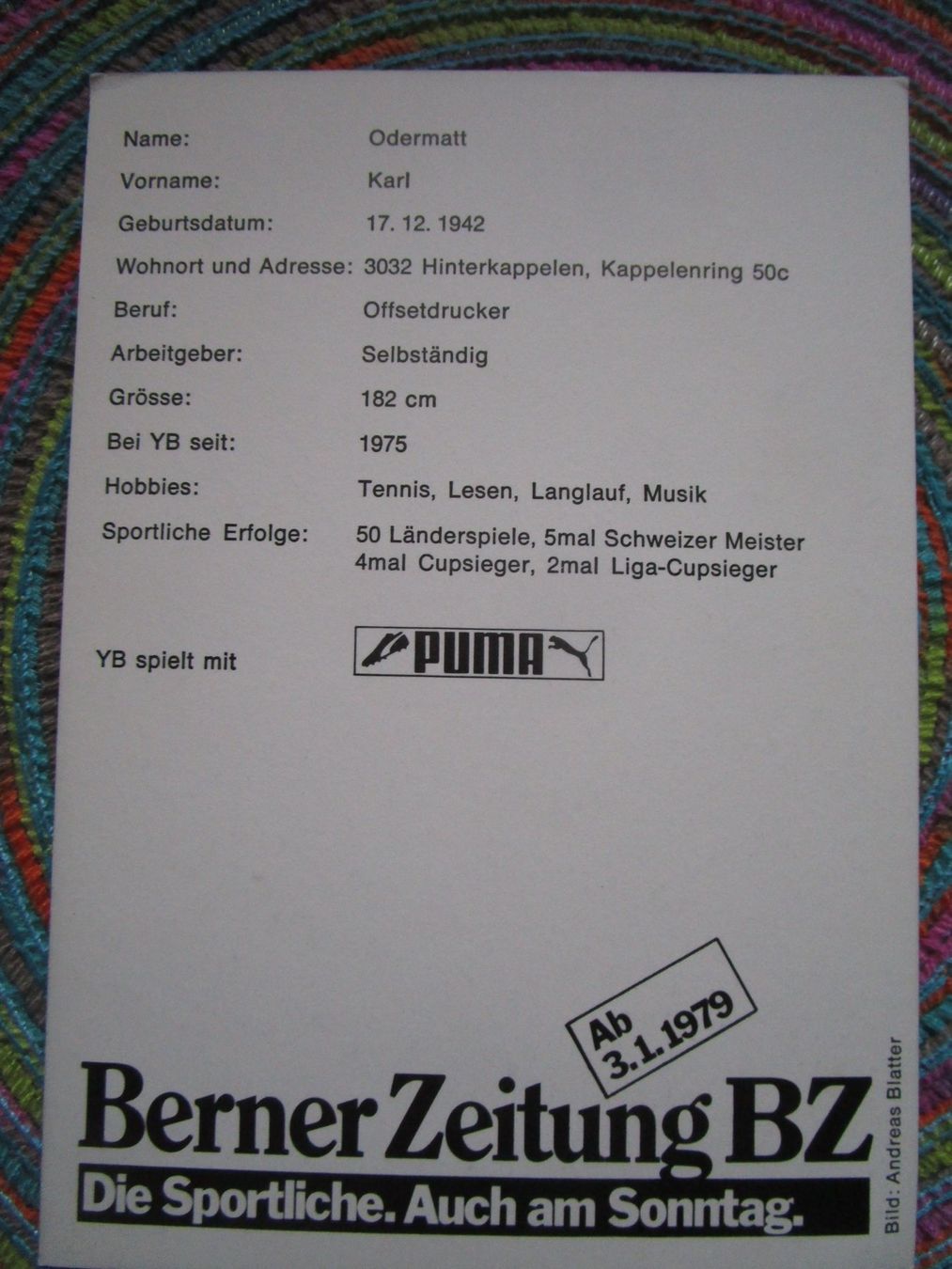 Autogramme: KARL ODERMATT YB ORIGINAL AUTOGRAMM – Gebraucht aus GUTENSWIL von Alpina6 1