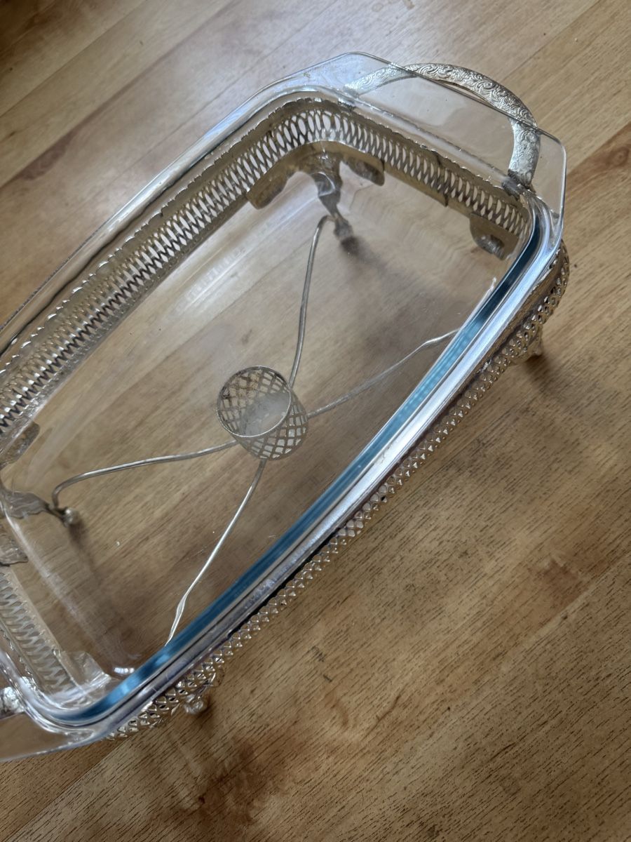 Schalen: Versilberte Servier- und Auflaufform mit Glas-Einsatz & Deck – Gebraucht aus Trübbach von s-a-t 3