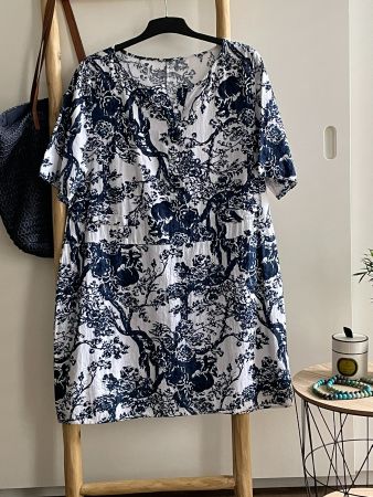 🌞😎🌞 Robe tunique coton bleu blanc imprimé L-XL, Neuf