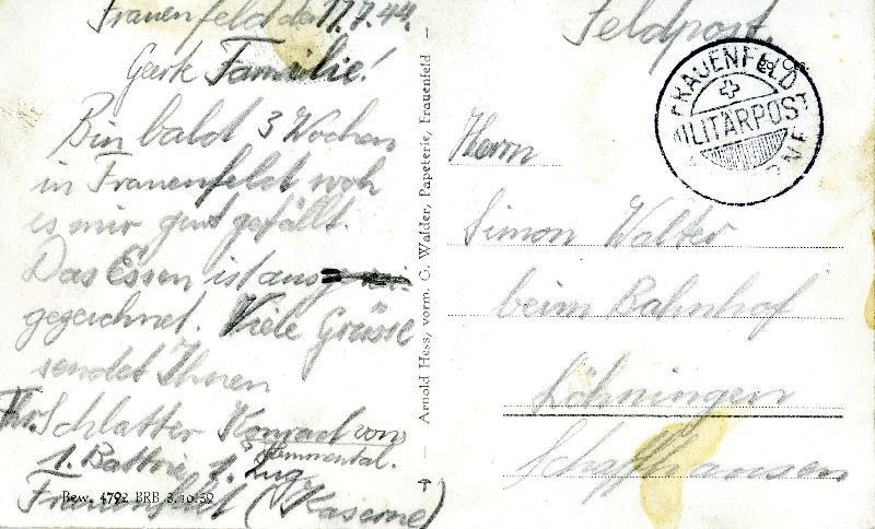 Cartoline postali: Frauenfeld + 1944 Feldpost – Usato da Emmenbrücke venduto da teestube 1