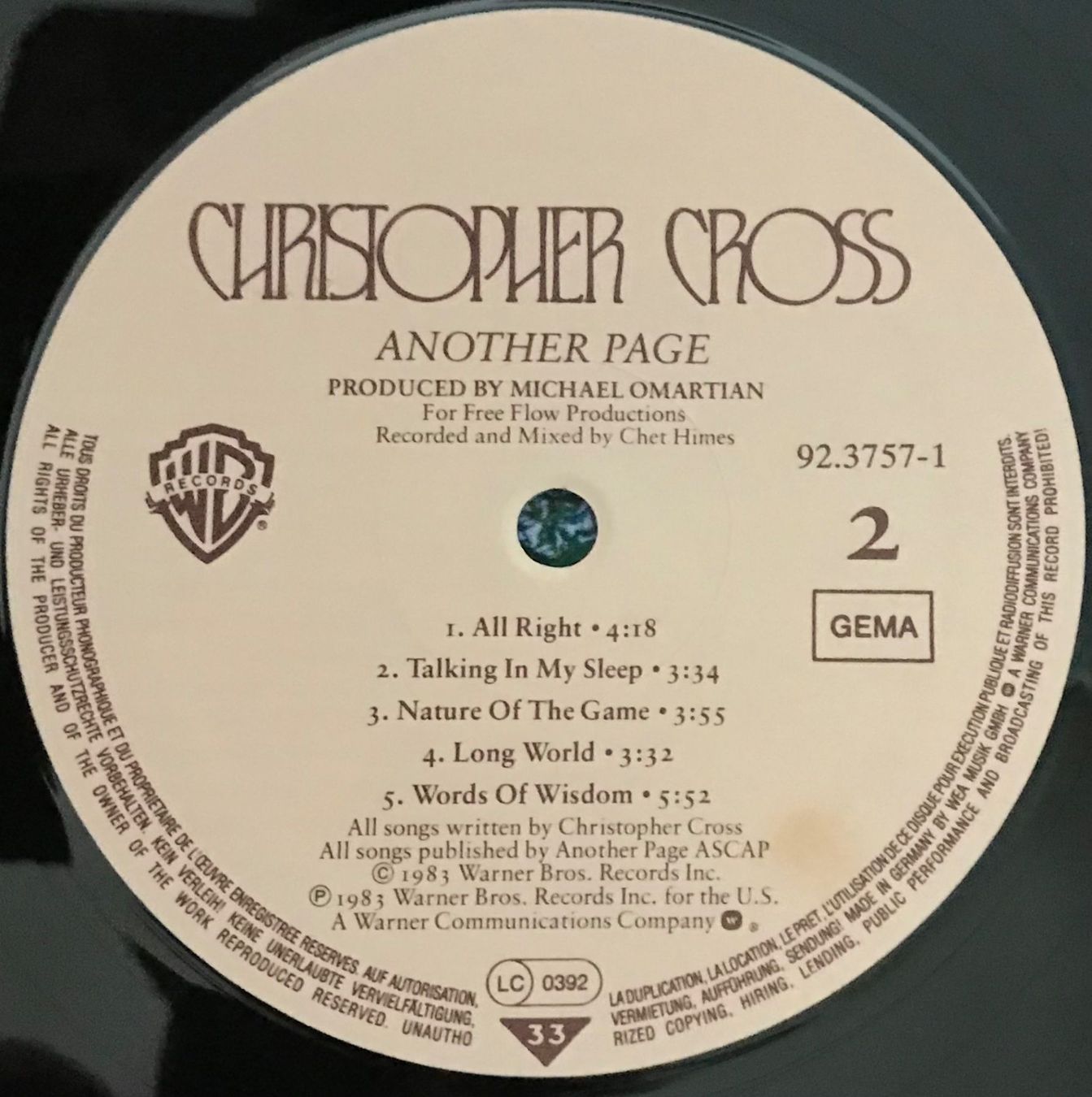 Dischi in vinile: CRISTOPHER CROSS - ANOTHER PAGE - 33 Tours – Usato da Bussigny venduto da vinyl-pas-cher 3
