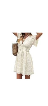 Abito corto in pizzo crema con scollo a V
