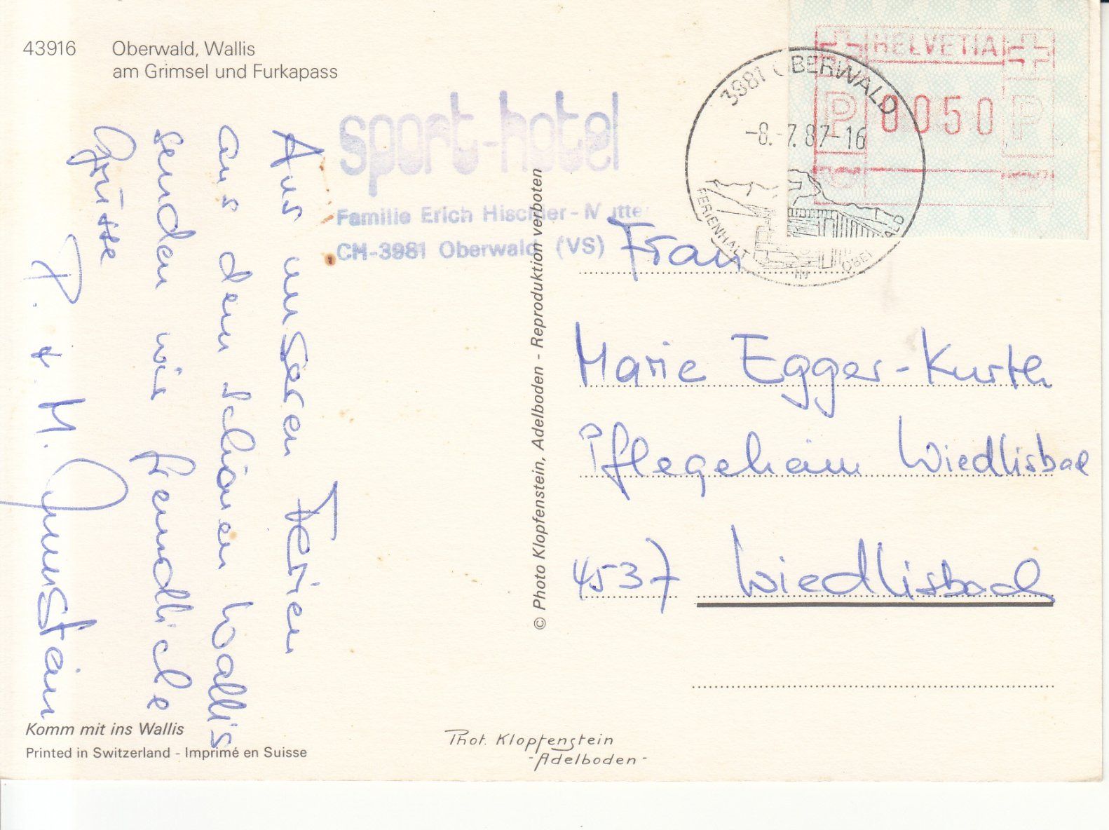 Cartoline postali: Oberwald 1987 – Usato da Bürglen TG venduto da StampGraf 1